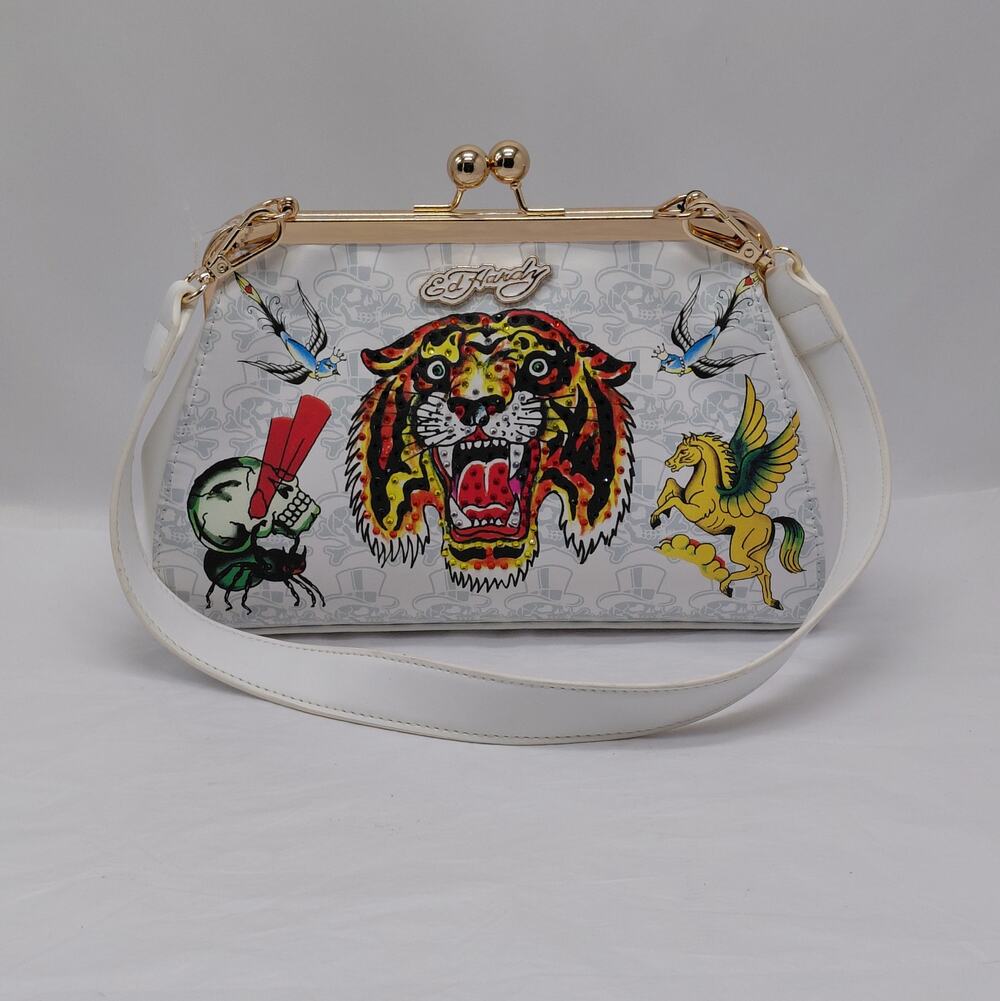 Ed Hardy Womens Shoulder Bag White Tiger Tattoo Y2K Revival Indie Clutch Purse